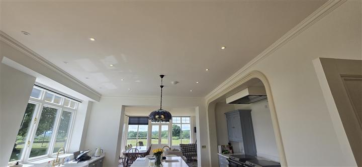Open-plan kitchen pendants and downlights